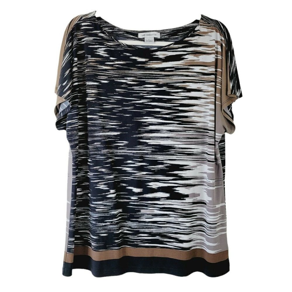 Liz Claiborne Blouse Sz Large Dolman Short Sleeve Black Brown White Mature